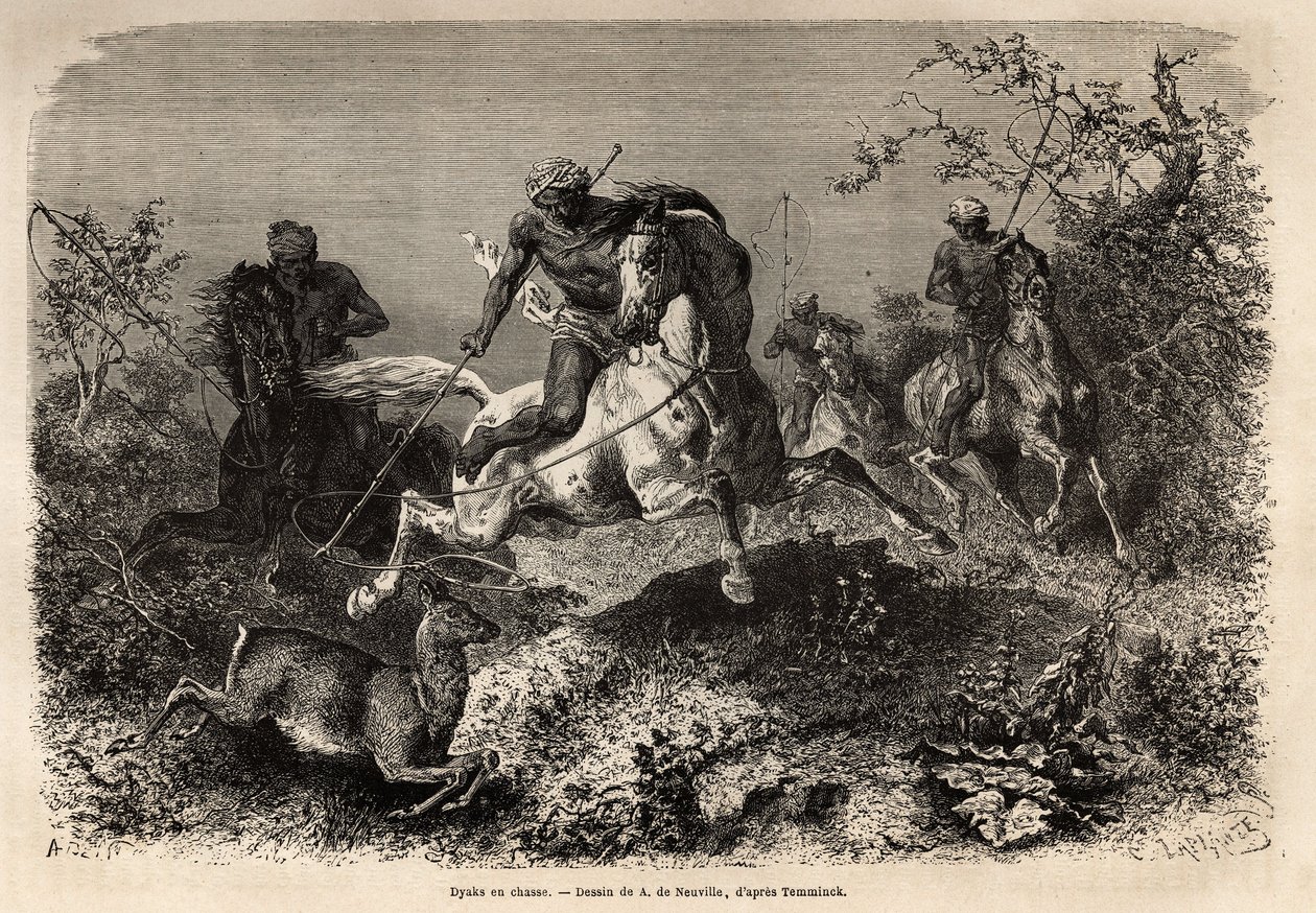 The dyaks (indigenous to Borneo) hunting, riding and lassos weapons. Engraving to illustrate the voyage in the Malaysian archipelago, by Alfred Russell Wallace, in 1854-1862, published in “” Le tour du monde””” 1870-1871, edited by Edouard Charton, Hachett 作者 未知艺术家