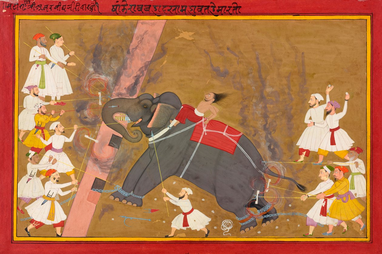 大象坎德劳-巴哈杜尔（Khandao Bahadur）杀死沙姆-马哈瓦特（Sham Mahavat 作者 未知艺术家