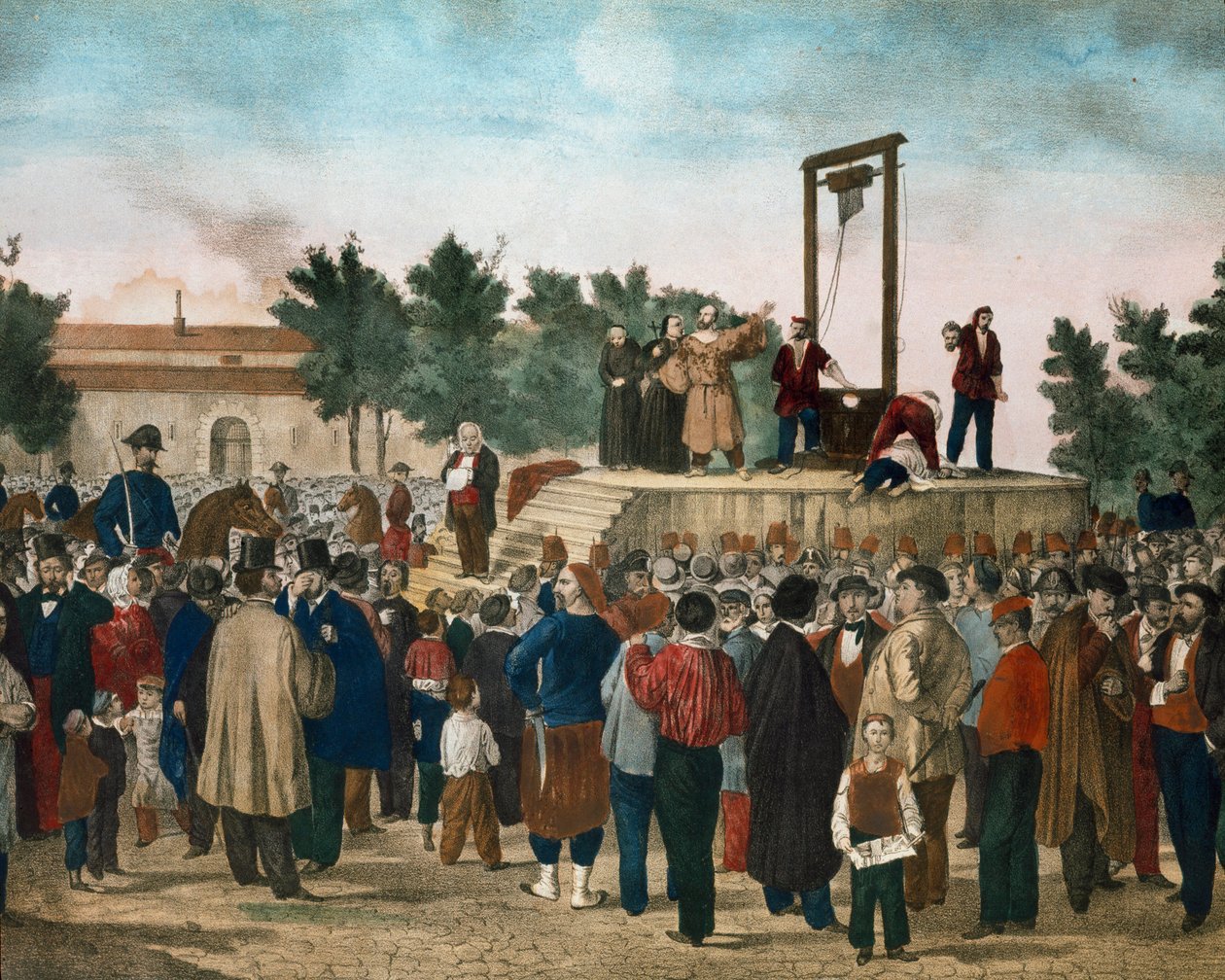 1858年3月13日，Felice Orsini (1819 - 1858)和Pieri在巴黎Roquette广场对1858年1月14日的拿破仑三世发动的攻击进行了处决 19世纪末的石版画。米兰私人收藏 作者 未知艺术家