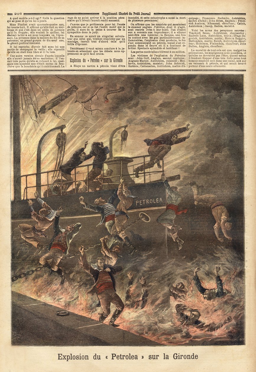 “Petrolea”号（一艘载油的英国轮船）在吉伦特省的布莱（Blaye）爆炸。 1892 年 4 月 6 日在“Le petit journal”上雕刻。 塞尔瓦的收藏。 作者 未知艺术家