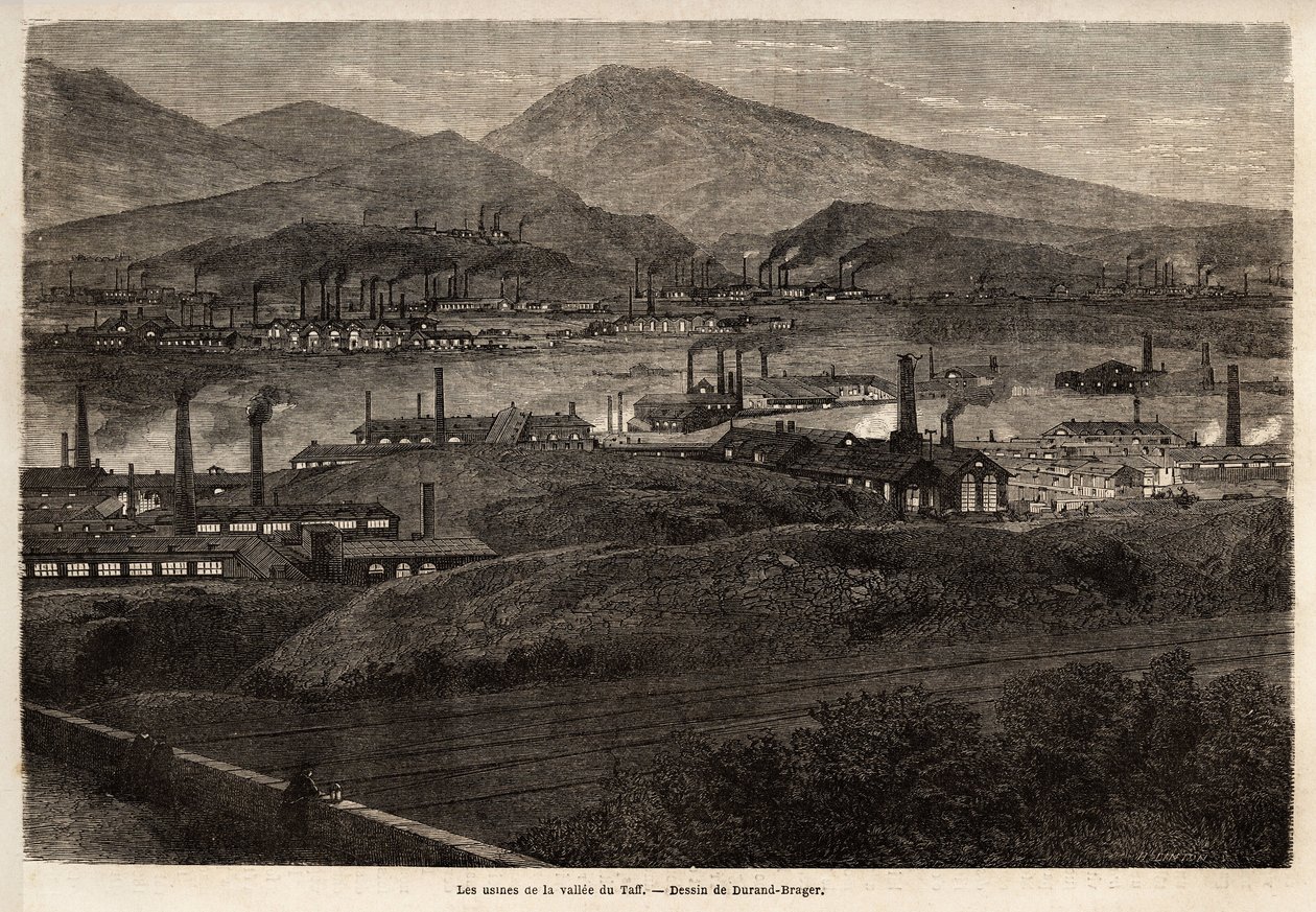 塔夫谷的工厂。 杜兰·布拉格 (Durand Brager) 的绘画，说明 1862 年 L.西蒙宁 (L.Simonin) 对威尔士主要工厂的访问。 雕刻在“Le tour du monde”，Edouard Charton 编辑 作者 未知艺术家
