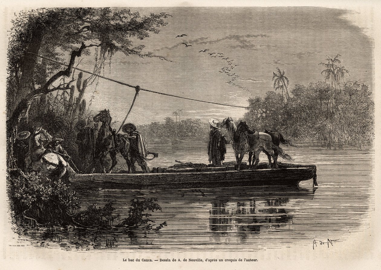 渡轮穿越考卡河。 Saffray 博士于 1869 年在“Le tour du monde”“”1873 年出版，由 Edouard Charton 编辑，巴黎 Hachette 版编辑，以说明前往新格拉纳达的航程。 塞尔瓦收藏。 作者 未知艺术家