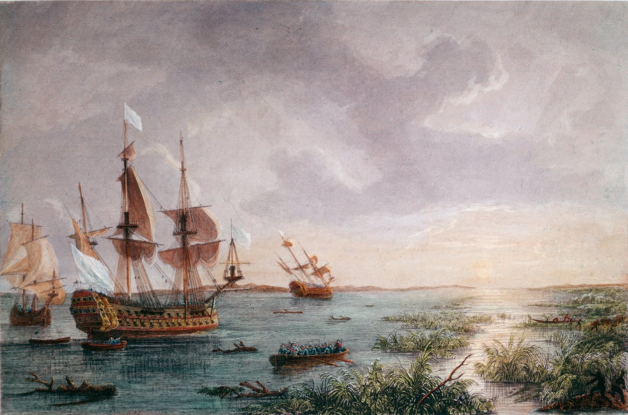 1684 年，法国探险家 Rene Robert Cavelier Sieur de LaSalle 发现路易斯安那州（雕刻 作者 未知艺术家