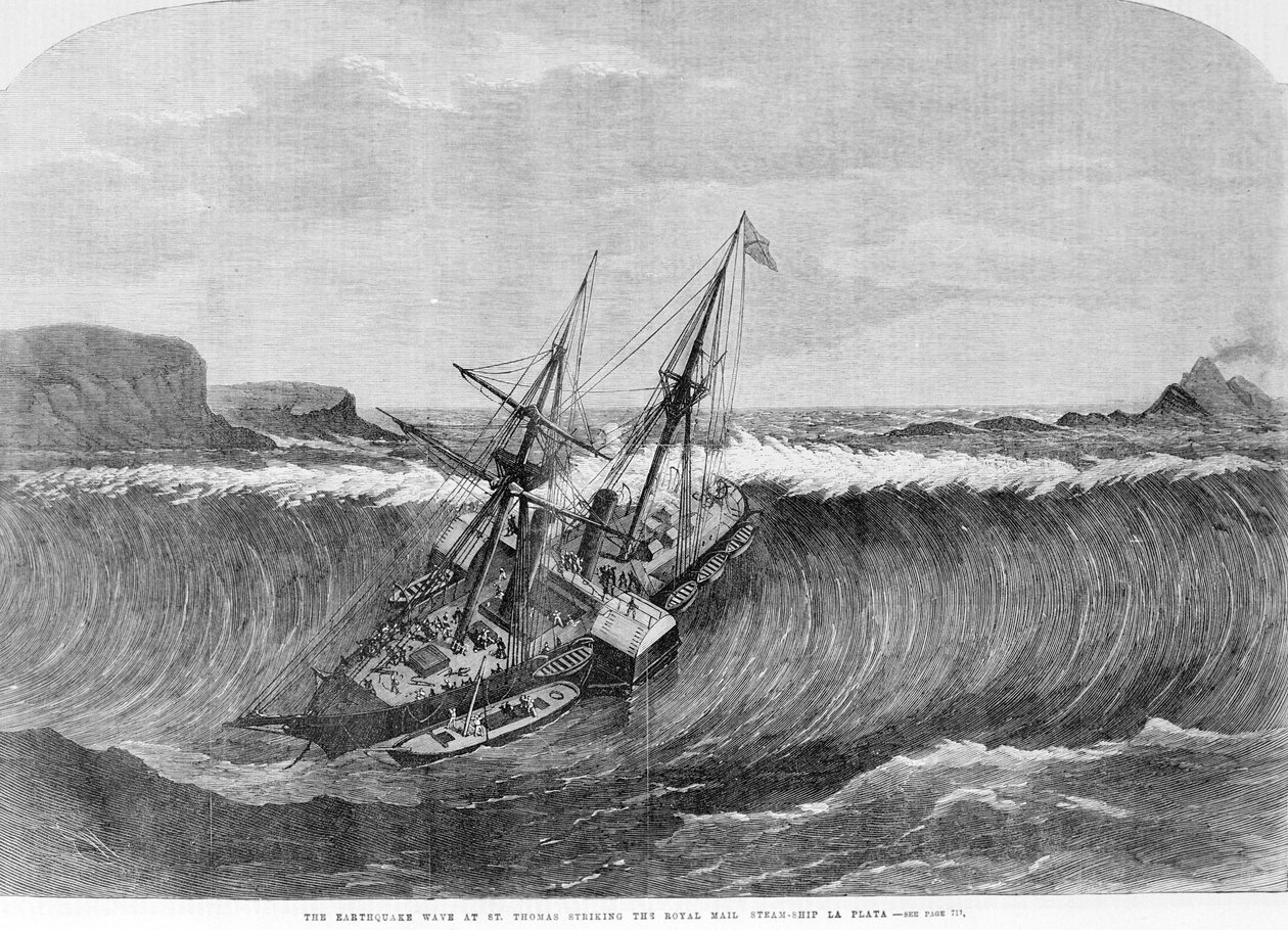 1867 年 12 月维尔京群岛圣托马斯海啸的巨浪落在拉普拉塔轮船上。 19 世纪的雕刻。 作者 未知艺术家