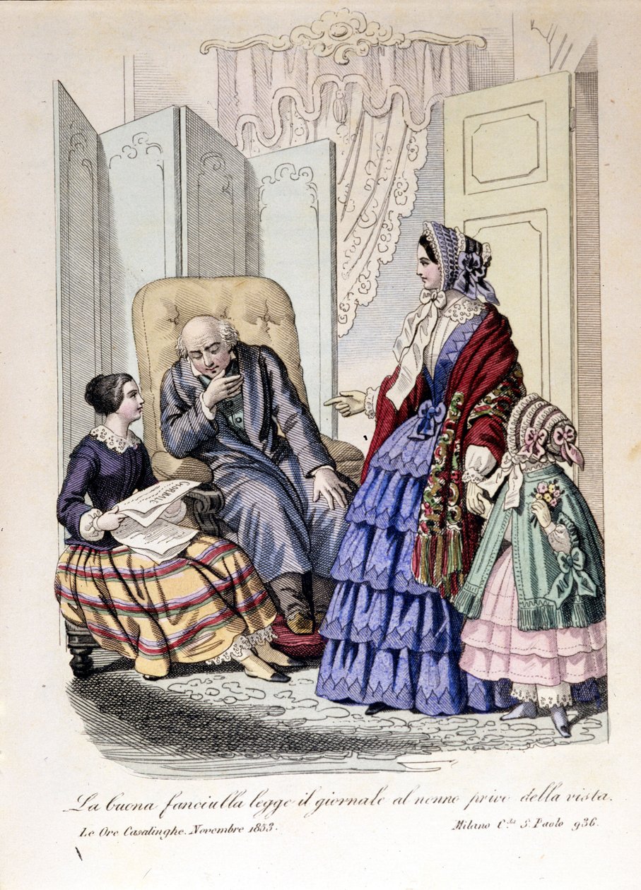 女孩把报纸读给她失明的祖父听。 摘自“The ore casalinghe”，1853 年 11 月。 作者 未知艺术家