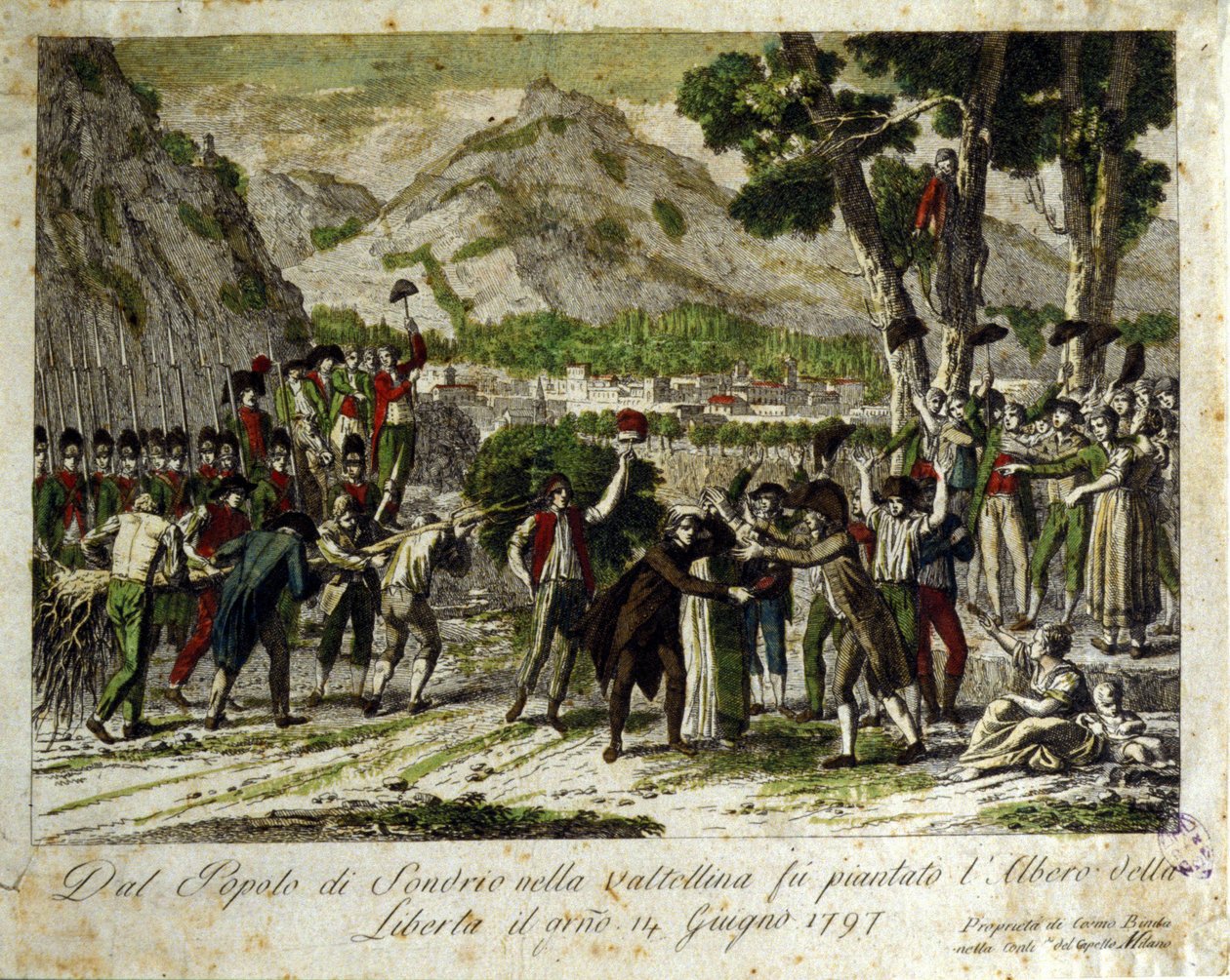 Sondrio de la Valtellina 的居民种植自由之树，象征着战胜旧政权。 14/06/1797。 雕刻。 作者 未知艺术家