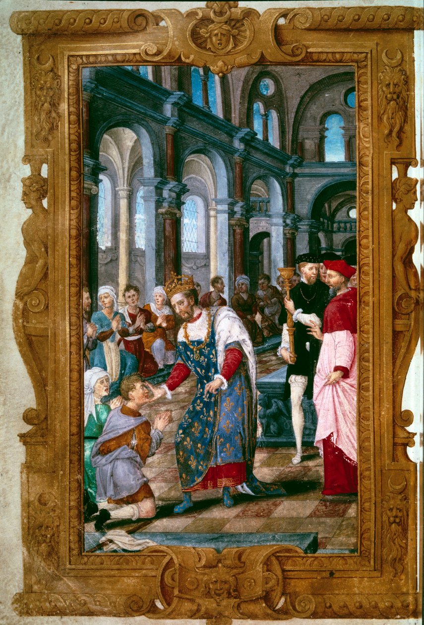 The king touches, God hears you King Henry II (1519-1559), thaumaturge, warriors a sick of ecrouelles in the abbey of Saint Marcoul, just after the ceremony of the coronation of Reims. Near him the arch of Reims. Miniature from “The Hours of Henry II”” 154 作者 未知艺术家