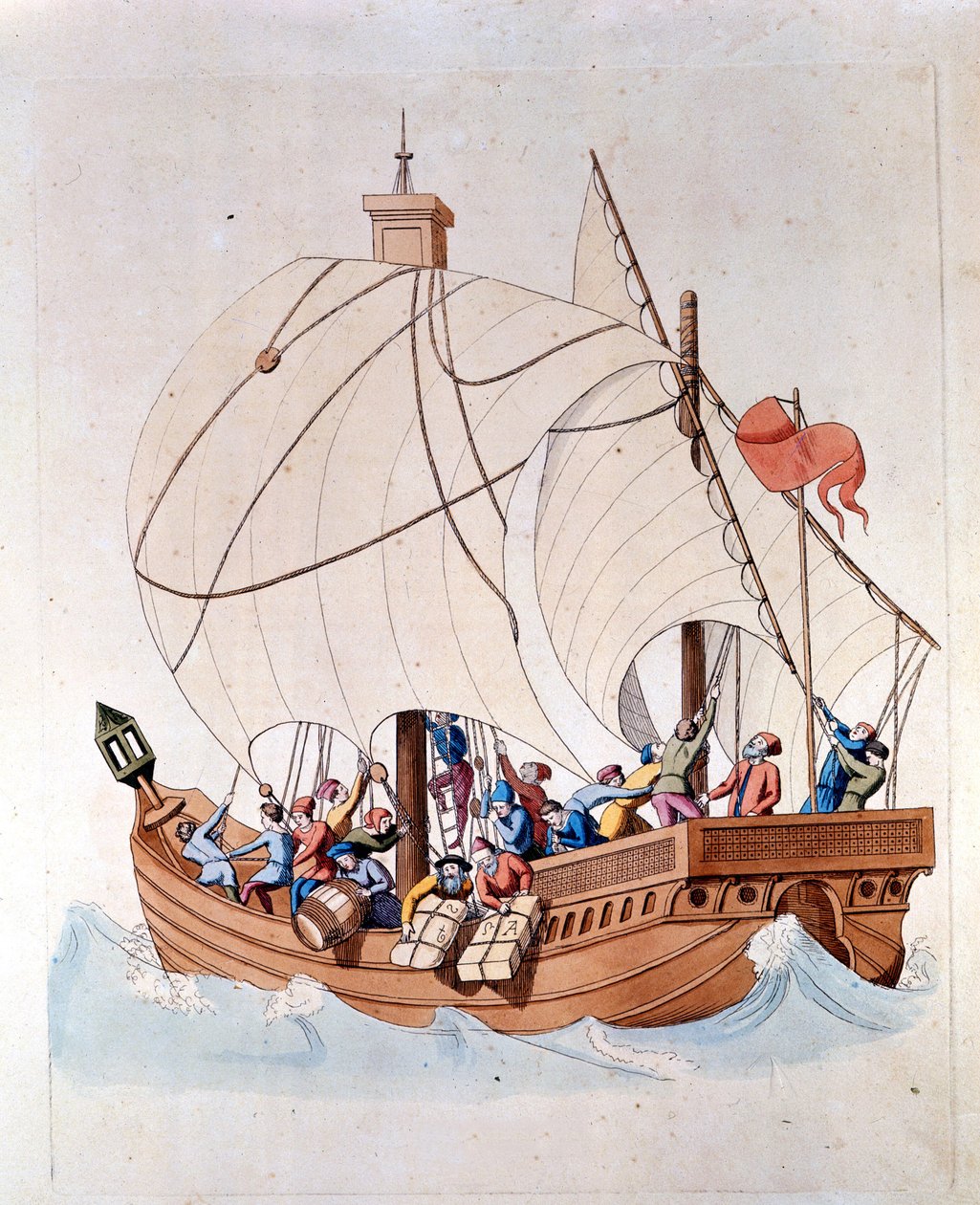 一艘 13 世纪的 caravel 正在海上装载。 作者 未知艺术家