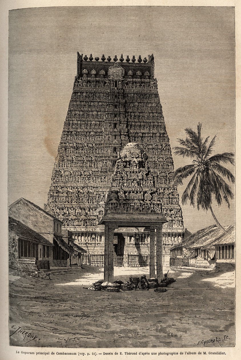 Rama a Combaronum 寺庙的主要 gopuram，由 11 层组成，顶部有 11 个球，这座金字塔塔的各个面完全被雕像覆盖。 作者 未知艺术家