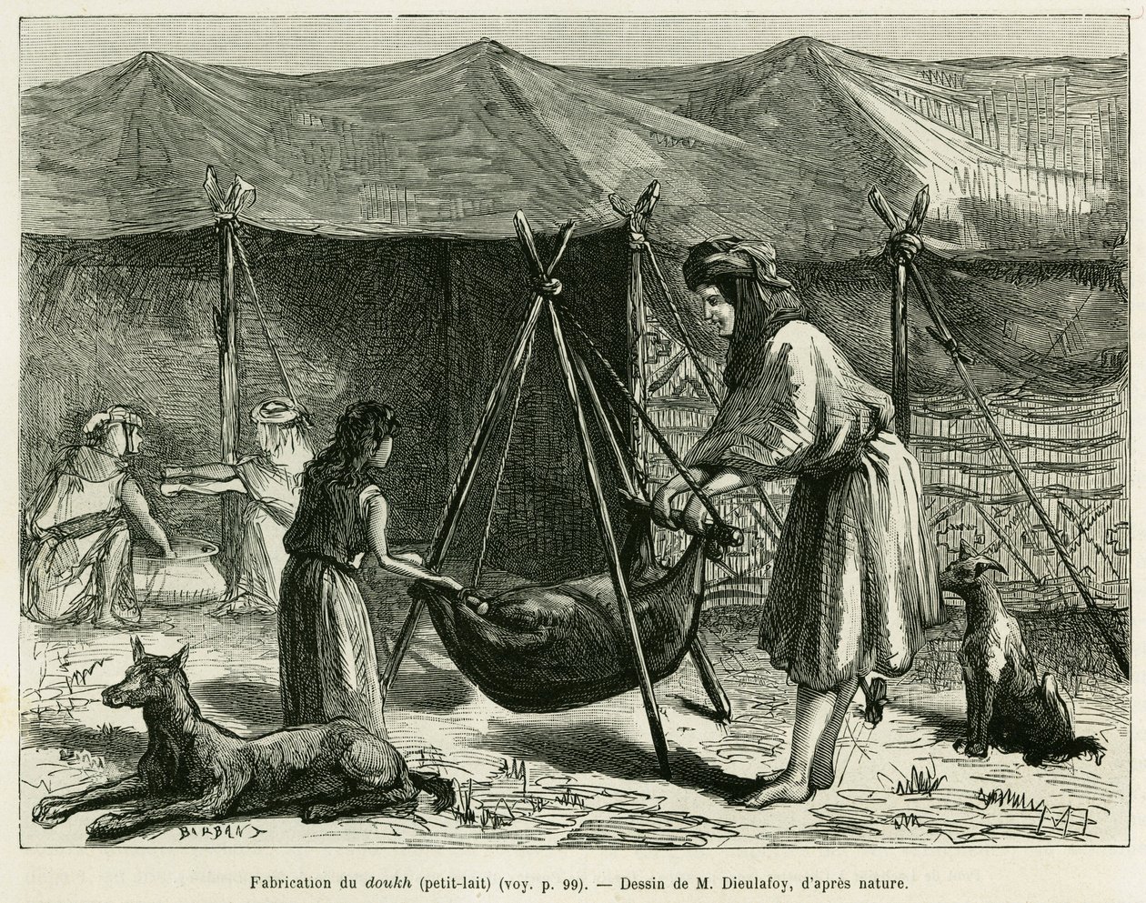 卡伦地区牧羊人的妇女生产牛奶。 雕刻说明故事 La Perse, la Chaldee et la Susiane by Jane Delafoy (1851-1916)，学院官员，在 le tour du monde 1886 中，由 Edouard Charton (1807-1890) 导演，哈 作者 未知艺术家