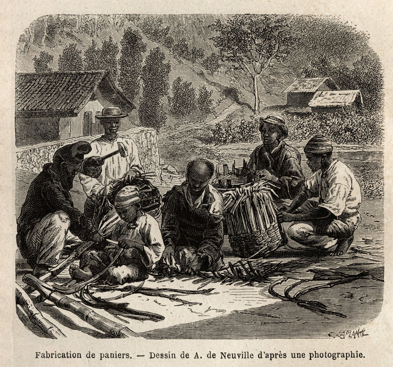棕榈叶篮子的制造，用于收集咖啡。为说明阿加西夫妇1865-1866年的巴西之行而绘制的版画，发表在《世界之旅，新的航海杂志》上，由爱德华-沙尔托指导。 作者 未知艺术家