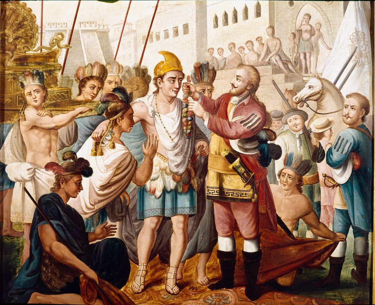 The meeting between Hernan (or Hernando) Cortes or Fernand Cortez (1485-1547) and the Aztec king Montezuma (or Moctezuma: 1466 - 1520) in November 1519 Anonymous painting of the 19th century. Museum of America, Madrid. 作者 未知艺术家