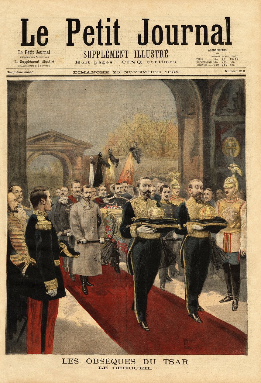 The obseques of Tsar Alexander III (1815-1894), in the Cathedral of St. Peter and St. Paul, necropolis of the Romanov, in the center of the fortress of St. Petersburg. Engraving in “” Le petit journal”” 25/11/1894. Selva