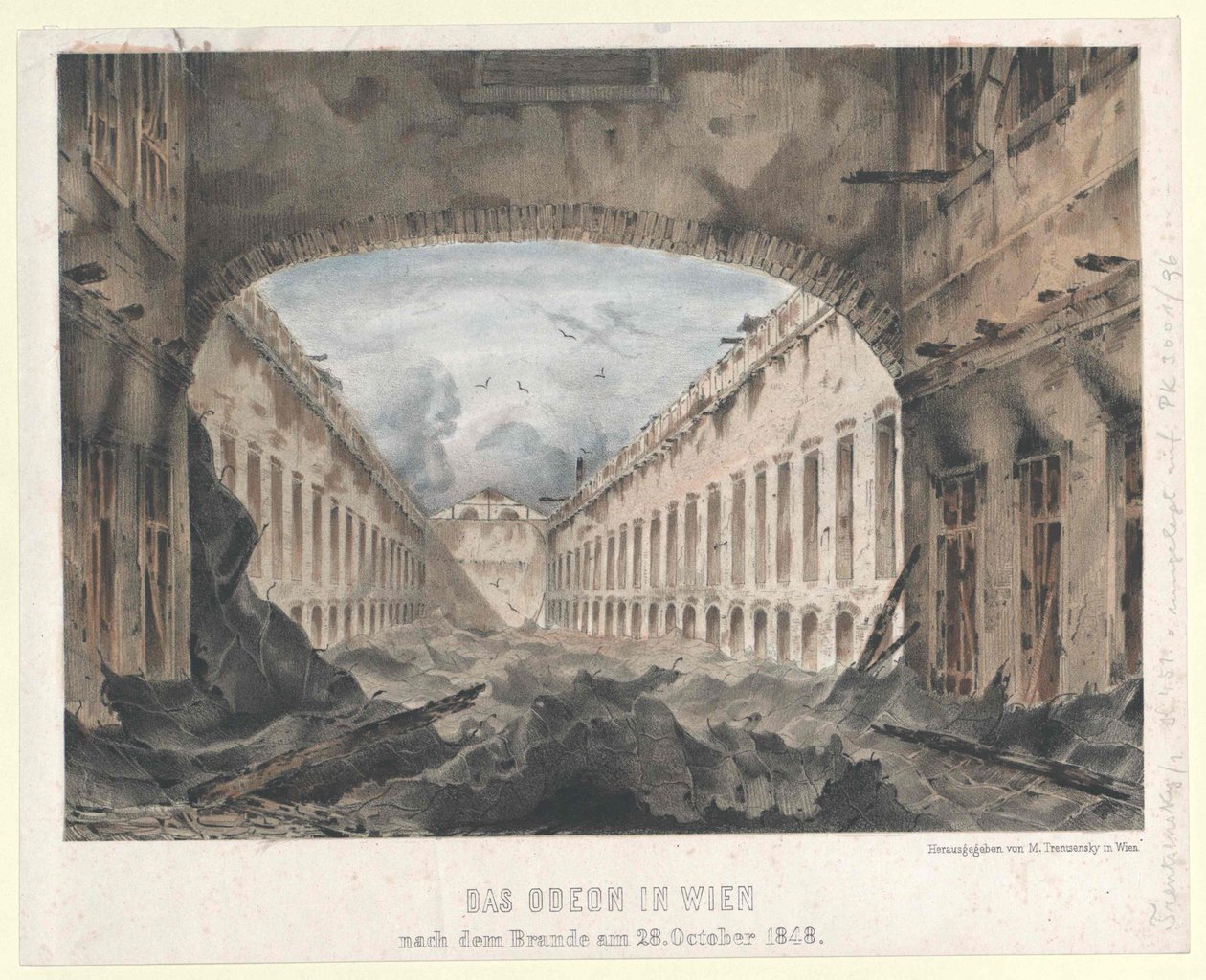 1848 年 10 月 28 日大火后的维也纳圆形剧场（彩色石版画1848 年 10 月（彩色石版画） 作者 未知艺术家