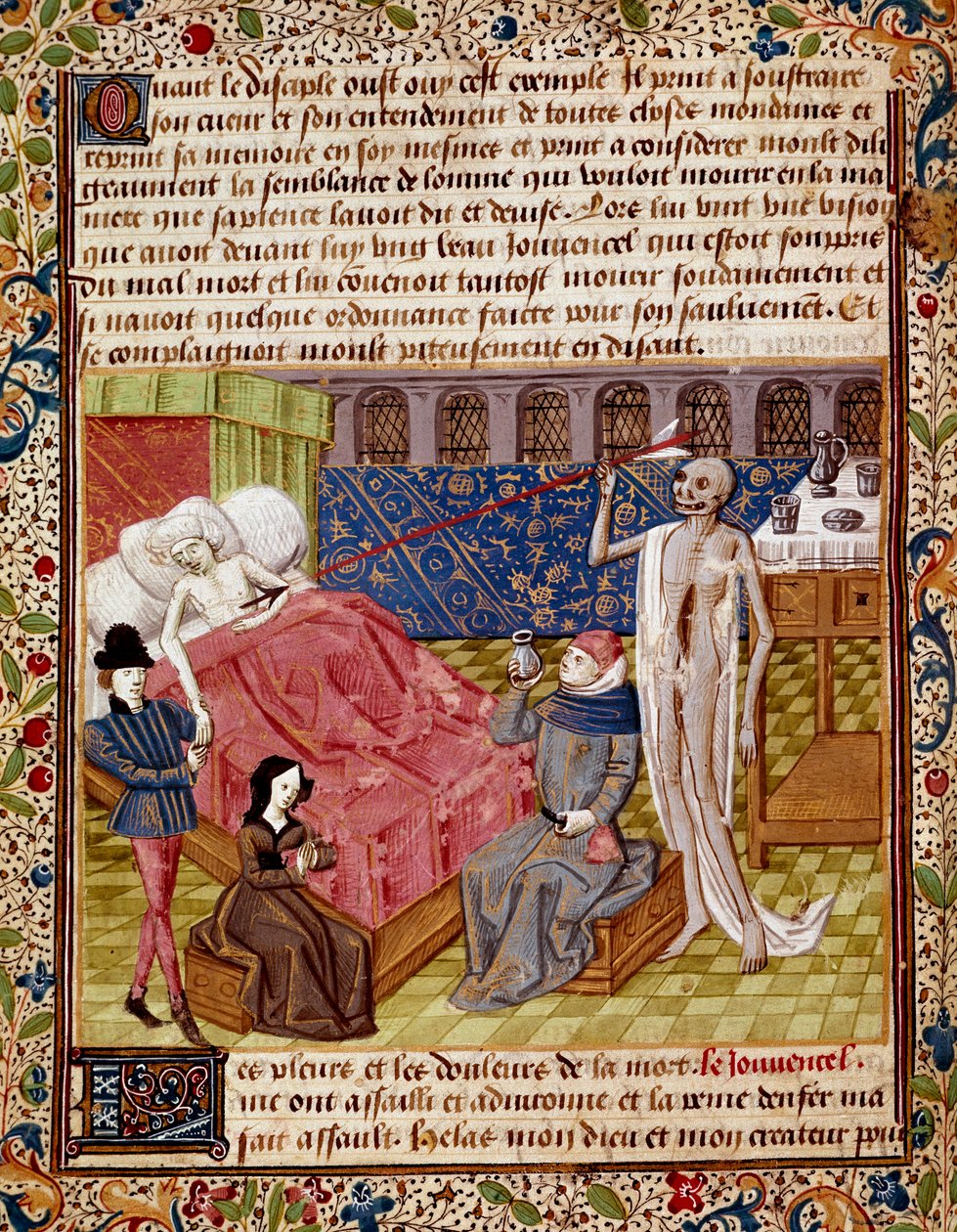 患者被让·格尔森（1363-1429）15 世纪尚蒂伊，孔德博物馆的“Le Tresor de Sapience”（或“Le traite du jardin amoureux”）中的微型死亡所震惊 作者 未知艺术家