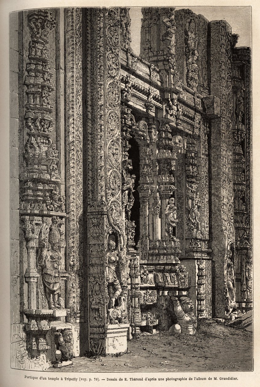 The portico carved of a temple in Tripetty (or Tirupati, in Andhra Pradesh), an important place of Hindu pilgrimage. Engraving to illustrate the journey to the meridional provinces of India, by Alfred Grandidier, in 1862-1864, published in “” le tour du mo 作者 未知艺术家