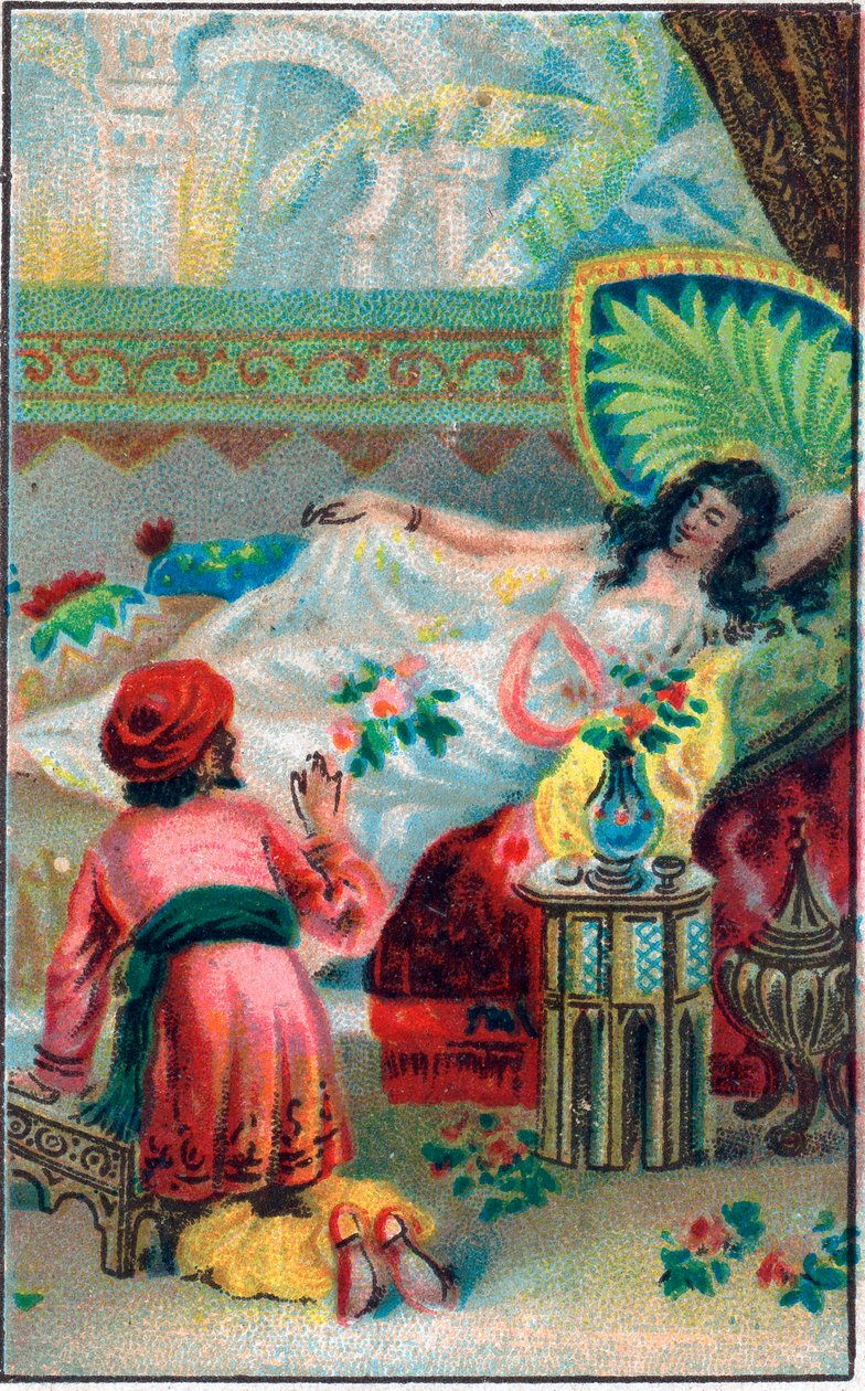 王子和公主。故事 "Histoire du cheval enchante "在 "Les mille et une nuits"(les 1001 nuits ou Le mille e una notte, Arabian Nights)。19世纪末的彩色石版画。 作者 未知艺术家