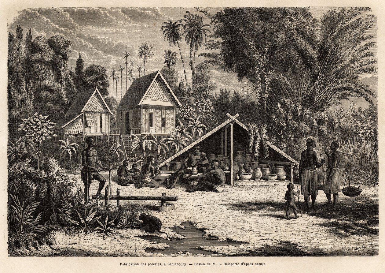 The production of pottery in Saniaboury (Laos). Engraving to illustrate the voyage of exploration in Indochina, by Francis Garnier, lieutenant de Vaissseau, in 1866-1868, published in “” Le tour du monde””” 1870-1871, edited by Edouard Charton, edition Hac 作者 未知艺术家