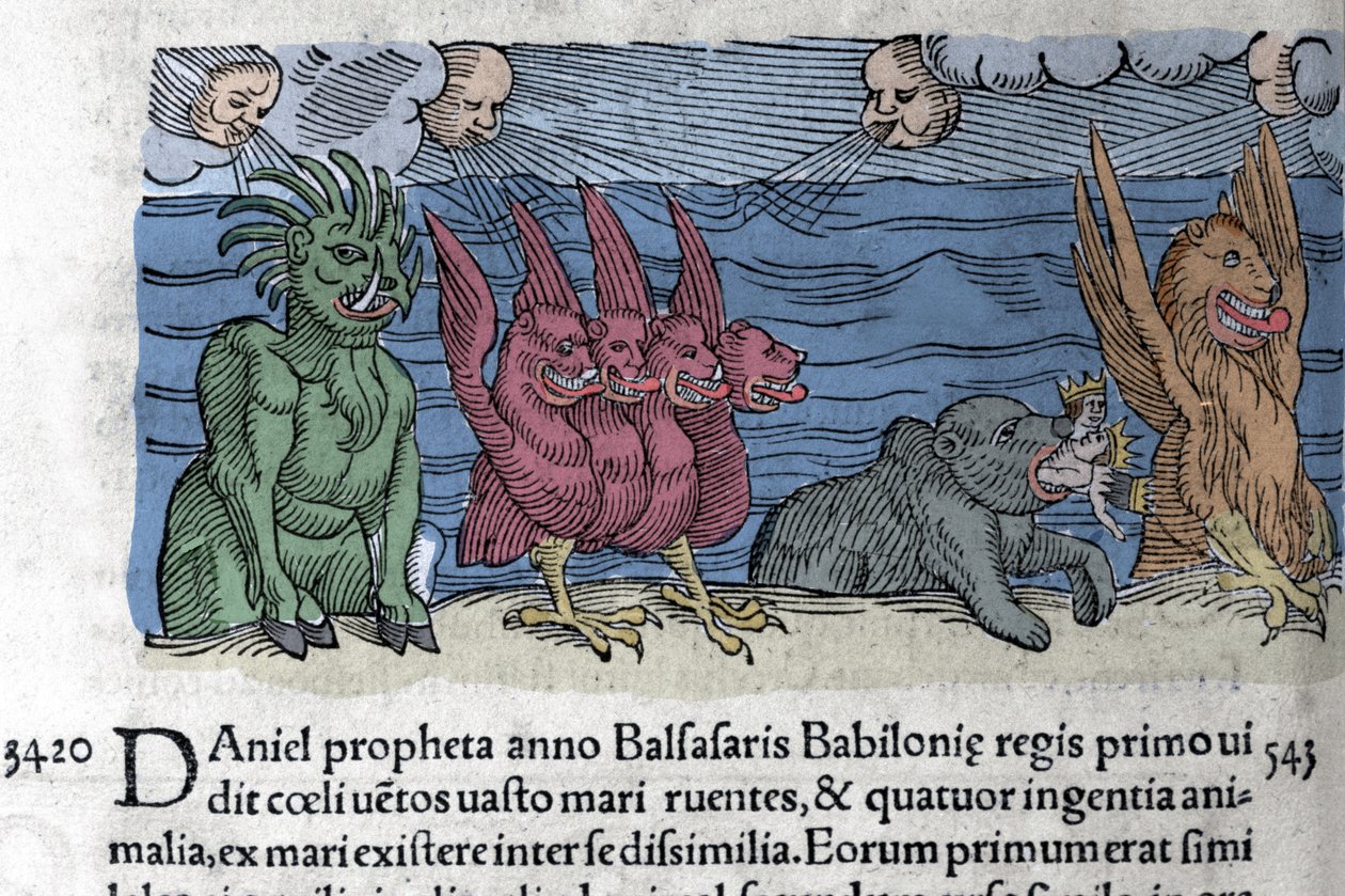 先知丹尼尔看到怪物出现：Haniel、Kafziel、Azriel、Aniel。 Wolfhart (Conrad Lycosthene) 1557 年雕刻的“The Book of Prodigiorum Ac ostentorum Chronicon Basileae” 作者 未知艺术家