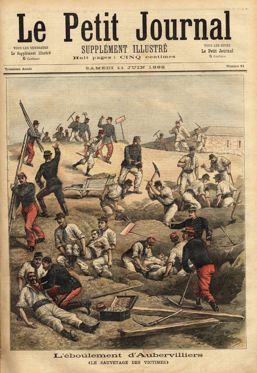 The rescue of the victims of Aubervilliers, following the collapse of the friable terrain, weakened by the manoeuvres of the soldiers of the 16th artillery battalion, 5 victims were swallowed into the collapse. Engraving in “” Le petit journal”” 11/06/1892 作者 未知艺术家