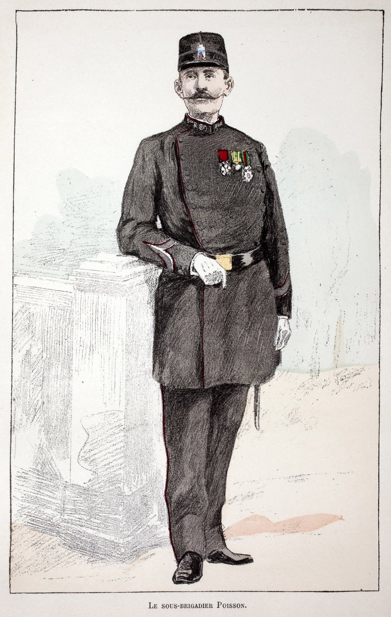 副准将泊松。 蚀刻颜色，作为插图 “”Histoire du corps des gardiens de la paix ”””由塞纳河警察局长 Louis Lepine (1846-1933) 主持出版的书，由 Alfred Rey (1864-?) 和 Louis 作者 未知艺术家