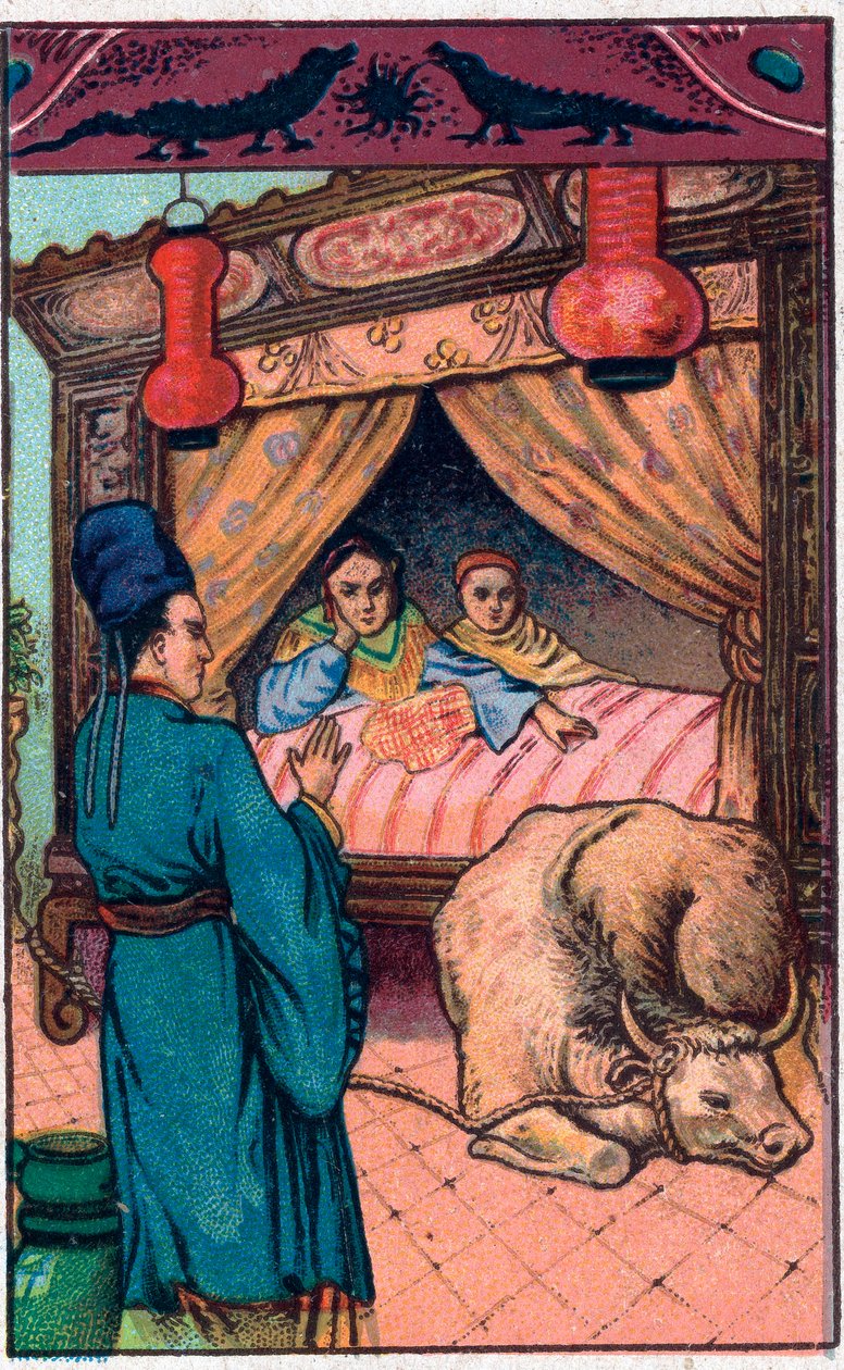可怕的野猪。中国的故事。19世纪末的彩色石版画。 作者 未知艺术家