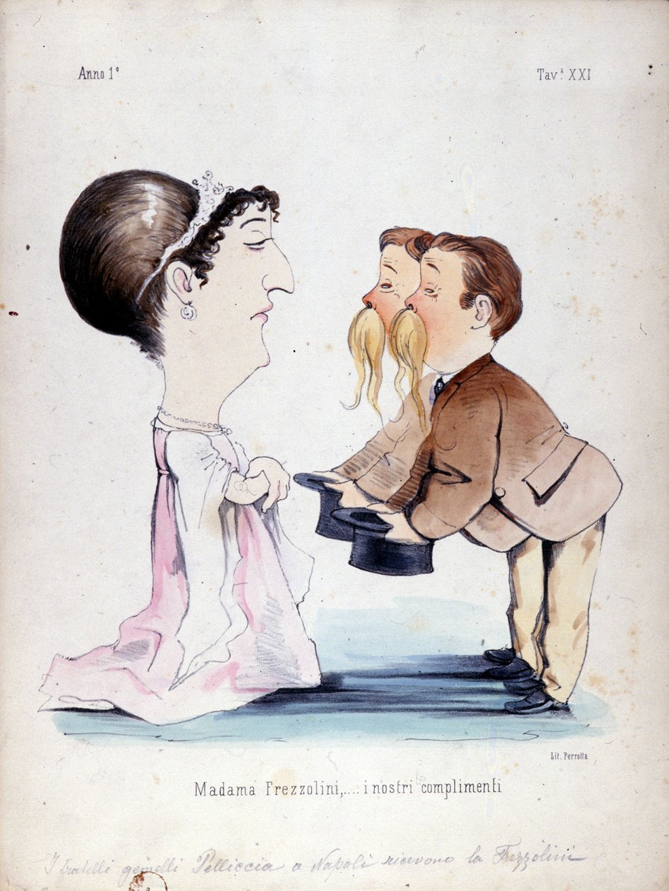 孪生兄弟佩利奇亚 (Pelliccia) 收到了意大利女高音 (Erminia Frezzolini)（1818-1884 年）。 19 世纪的卡通。 作者 未知艺术家