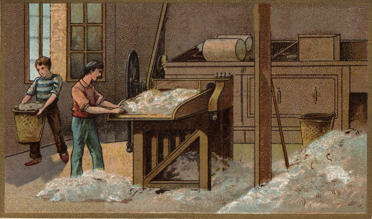 羊毛工业：脱粒。19世纪末的彩色石版画 作者 未知艺术家