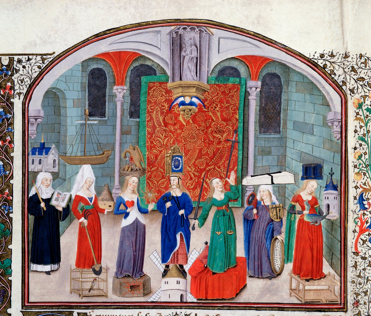Theory of theological and cardinal virtues. Miniature from the manuscript (Ms 927 fol.17V) “” Commentary on Political and Economic Ethics”” by Greek philosopher Aristotle (383-322 BC) translated by Nicolas Oresme (1325-1382) 作者 未知艺术家