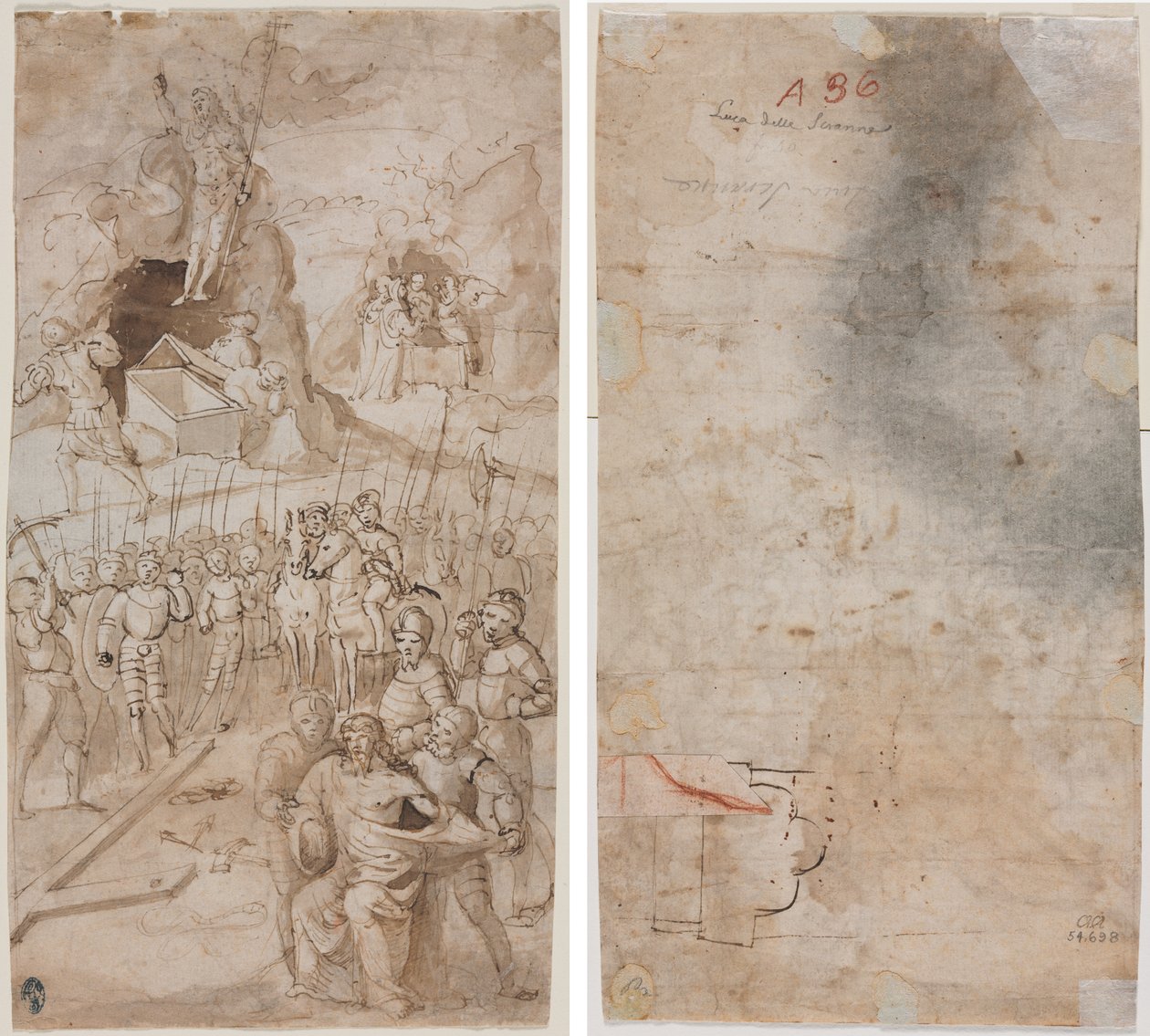 基督受难记》中的三个场景（正面） 建筑草图（背面） 作者 未知艺术家