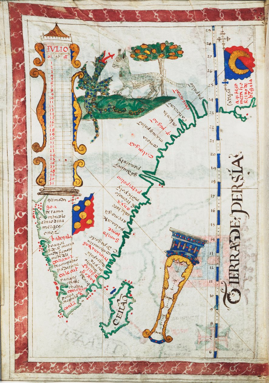 Tierra de Persia"，比例尺：约 1:13500000，显示了南印度和斯里兰卡的其他地方，约 1550-60 年（牛皮纸）。 作者 未知艺术家