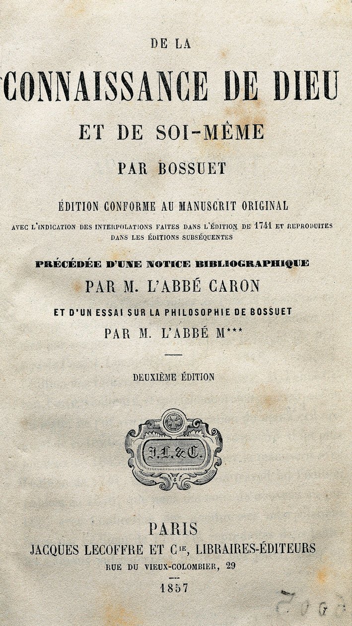 Title page of “The knowledge of God and self itself” by the French theologian and bishop Jacques-Benigne (Jacques Benigne) Bossuet (1627-1704). 1857. 作者 未知艺术家