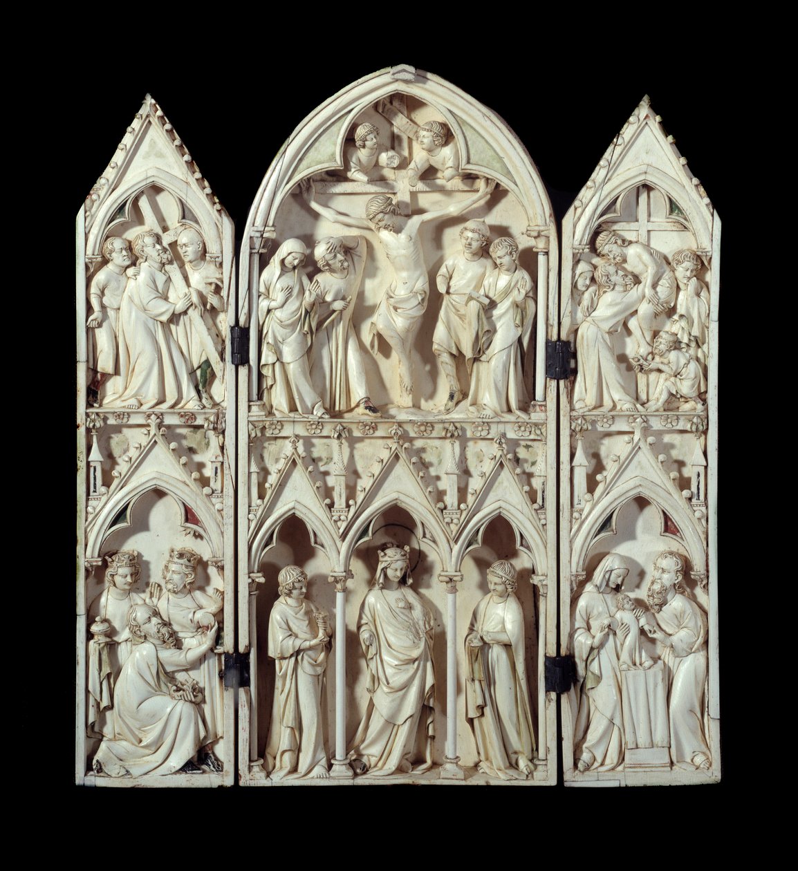 Triptych of Saint-Sulpice du Tarn: Carriage of the Cross, Crucifixion, Descent of the Cross, Adoration of the Magi, Glorious Virgin, Presentation at the Temple. Carved ivory relief stockings. Around 1300 Paris, National Museum of the Middle Ages, Thermes d 作者 未知艺术家