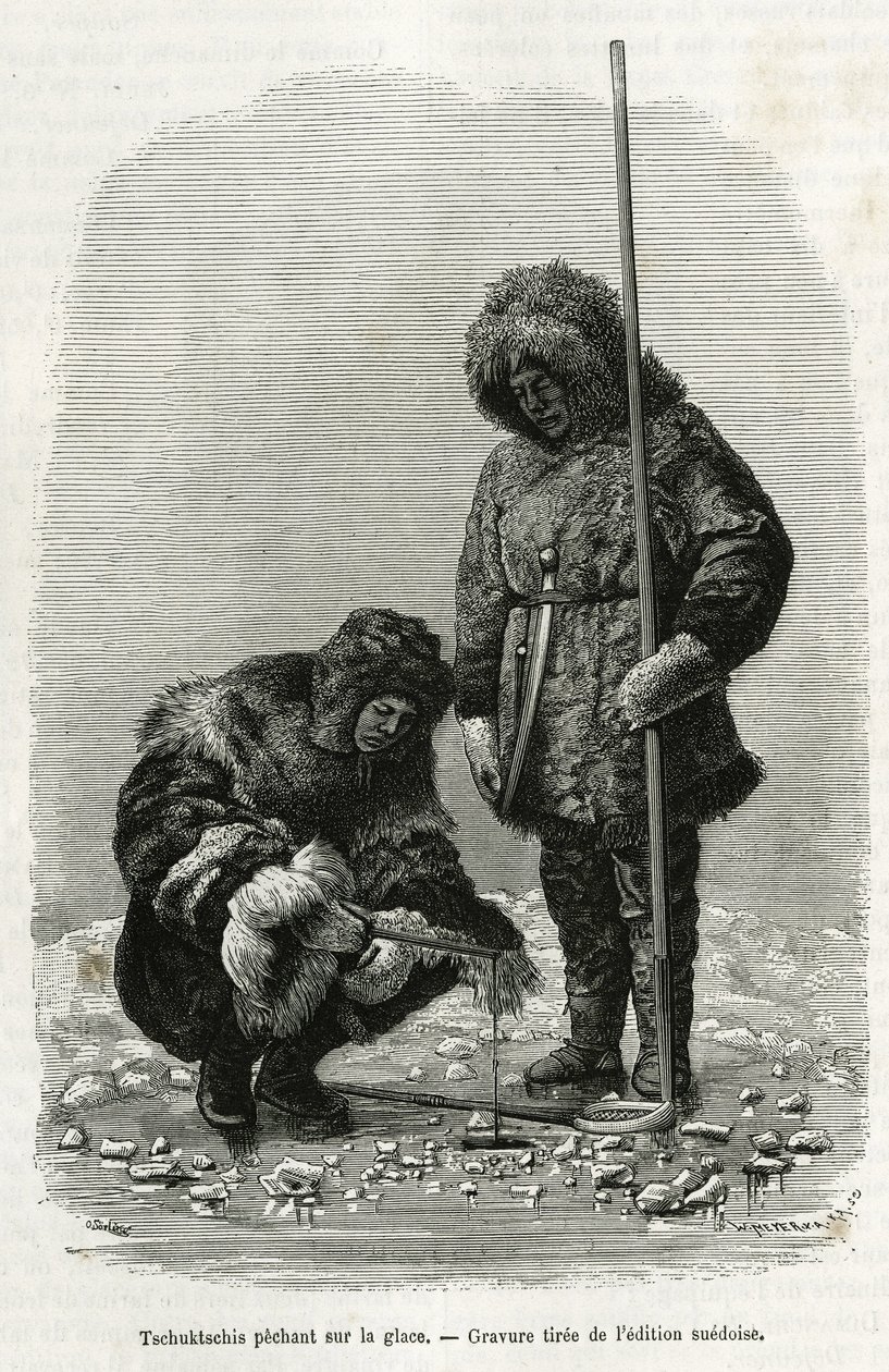 Tschuktschis fishing on ice in Koljutschin Bay (polar circle). Engraving from the Swedish edition, to illustrate the story “” Voyage de la Vega around Asia and Euroope””, by Nils Adolf Erik (Eric) Baron Nordenskjold (Nordenskiold) (1832-1901), in 1878-1880 作者 未知艺术家