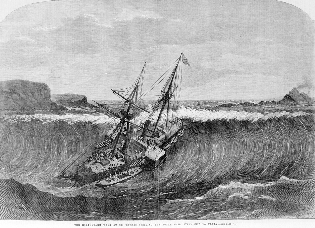 1867年海啸。1867年，圣托马斯岛的地震引起了大浪，袭击了 "拉普拉塔 "号邮轮。 作者 未知艺术家