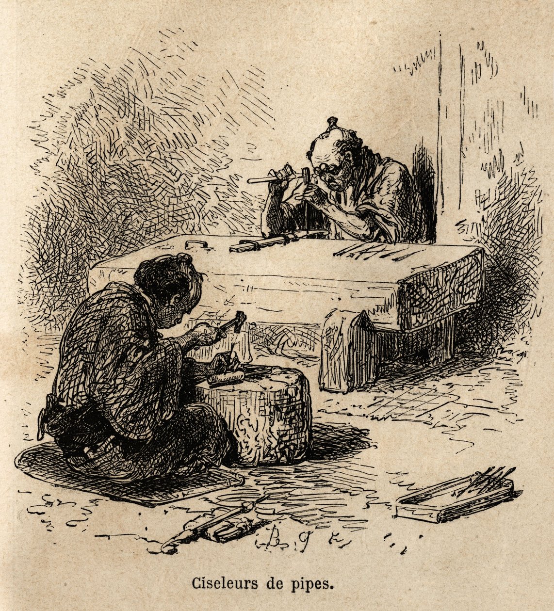Two workers, each with a hammer and a punch, are carving metal pipes in their workshop. Engraving to illustrate the journey to Japan, by Aime Humbert, minister of the Swiss Confederation, in 1863-1864, published in “” le tour du monde””, under the directio 作者 未知艺术家
