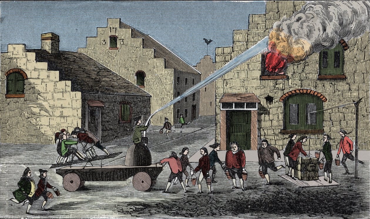 使用消防泵灭火。 1733 年版画。 作者 未知艺术家