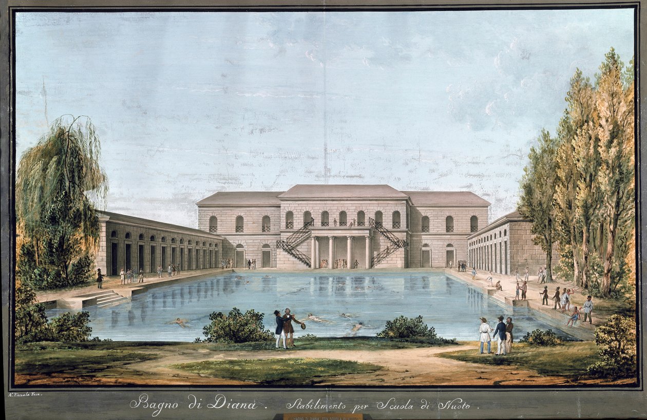 View of Diana bath, first Italian swimming pool, in Milan (Painting 作者 未知艺术家
