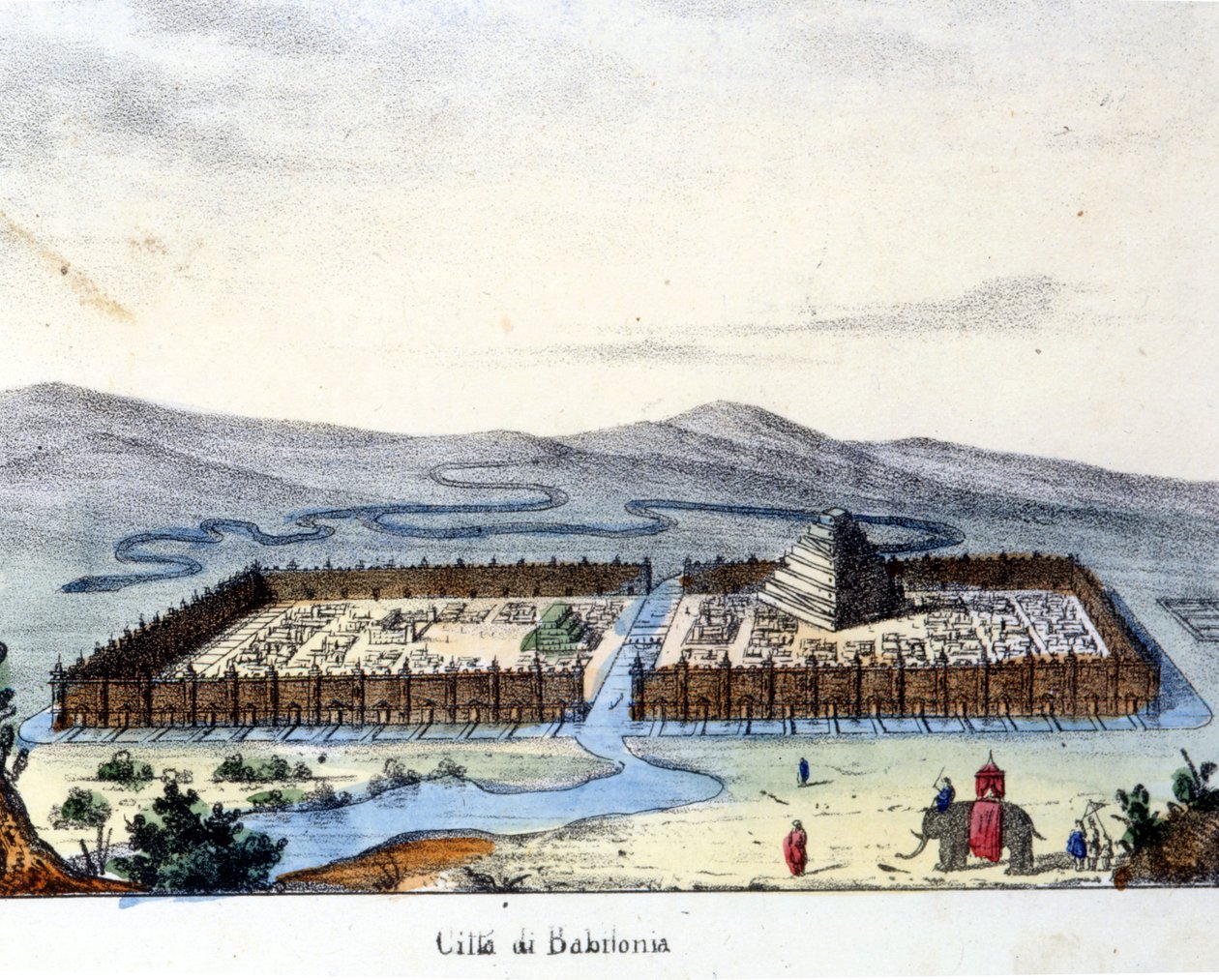 View of ancient Babylon: in the center the temple and the hanging gardens. Burning sd. early 19th century. 作者 未知艺术家