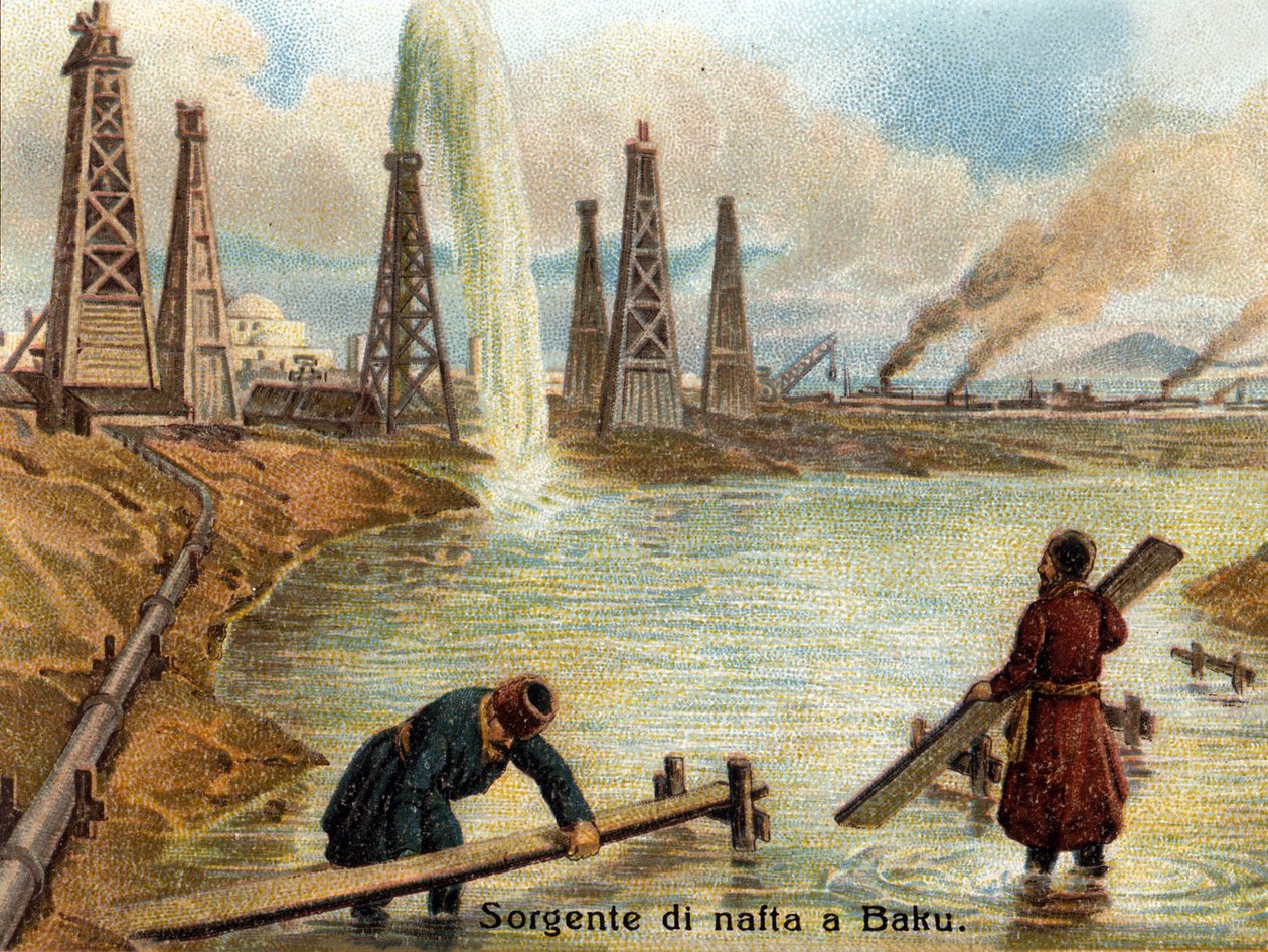 阿塞拜疆巴库的油井视图。 大约 1890 年的彩色石版画。 作者 未知艺术家