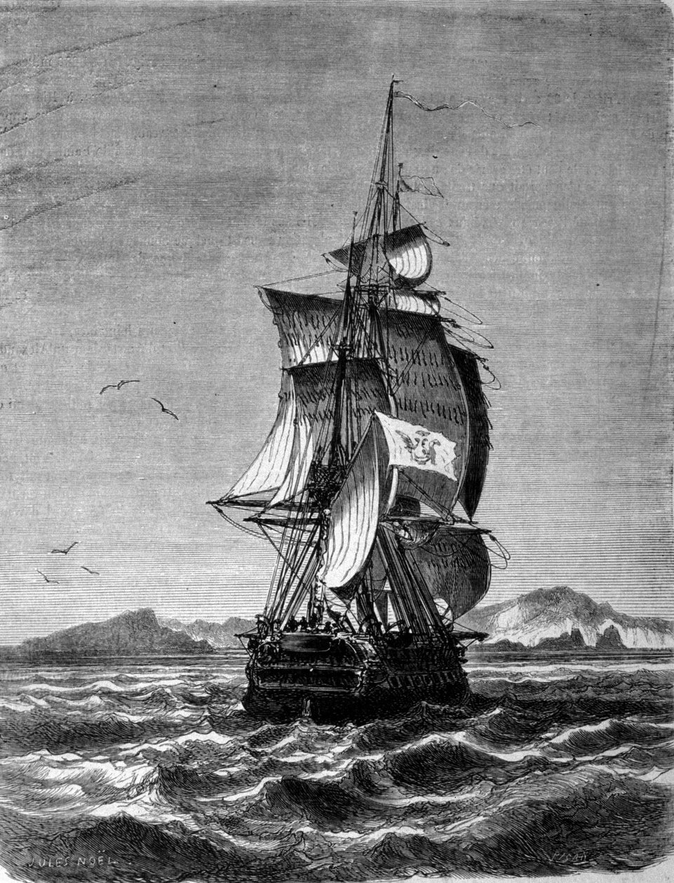 1857 年在印度洋圣保罗岛前的奥地利护卫舰 Novara 的视图。 19 世纪的雕刻 作者 未知艺术家