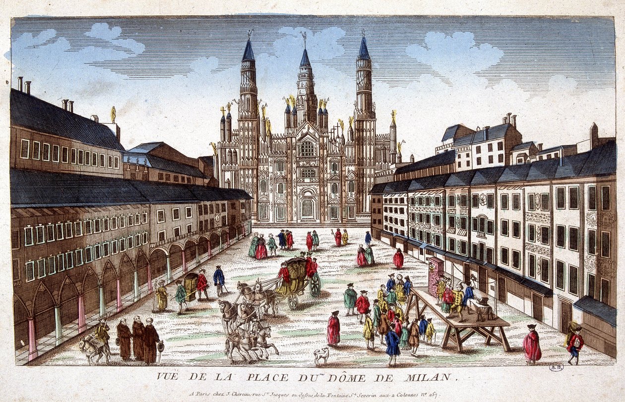 View of the Duomo Square in Milan. Early 18th century. 作者 未知艺术家