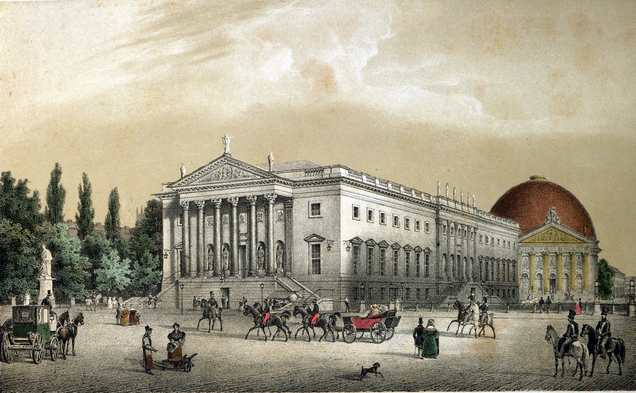 同名大道上的菩提树下歌剧院（Staatsoper Unter den Linden）与位于柏林倍倍尔广场（Opernplatz）上的圣埃德维格大教堂（Sainte Edwige）。 1850 年的德国雕刻 作者 未知艺术家