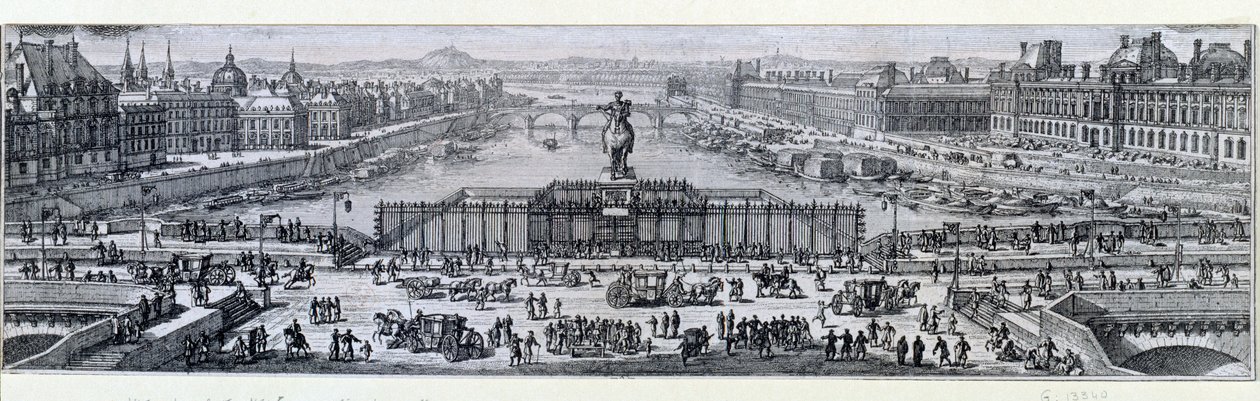 巴黎新桥的景色。 雕刻自 17 世纪末巴黎，Musee Carnavalet 作者 未知艺术家