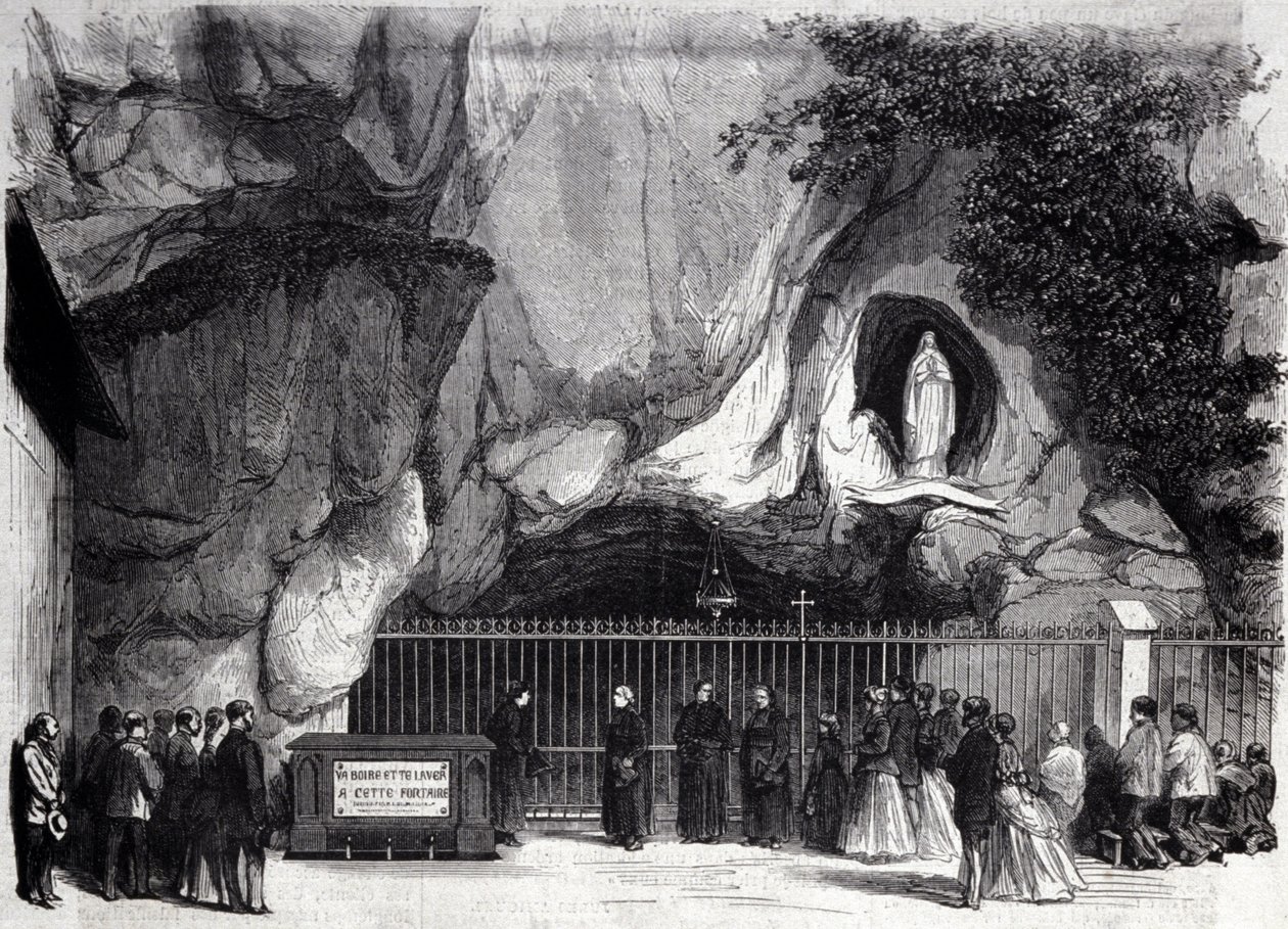 Onani phanga la Lourdes ku High Pyrenees pomwe Namwaliyo adawonekera kwa Bernadette Soubirous (1844-1879) mu 1858, malo opezekapo apaulendo. Chosema cha m