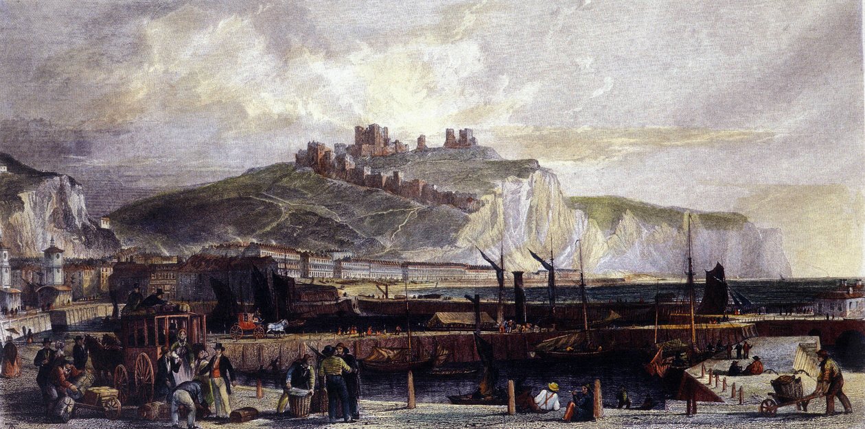 在英格兰多佛市及其高高的白色粉笔悬崖的景色。 1850年。 作者 未知艺术家