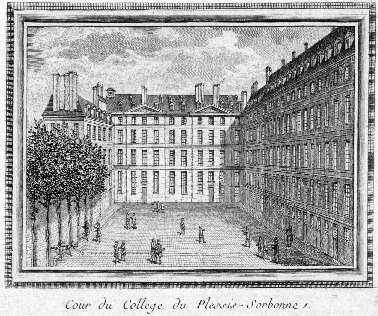 Plessis Sorbonne 学院（巴黎）法院的景观，该学院由 Geoffroy du Plessis Balisson 于 1323 年创立，于 1848 年和 1849 年由 ENA 使用。 雕刻保存在 Carnavalet 博物馆。 作者 未知艺术家