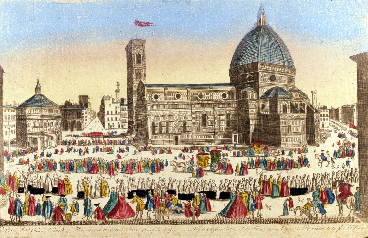 菲利波·布鲁内莱斯基 (Filippo Brunelleschi) 在圣神游行当天建造的佛罗伦萨大教堂 (Duomo Santa Maria del Fiore) 的景色。 约 1790 作者 未知艺术家