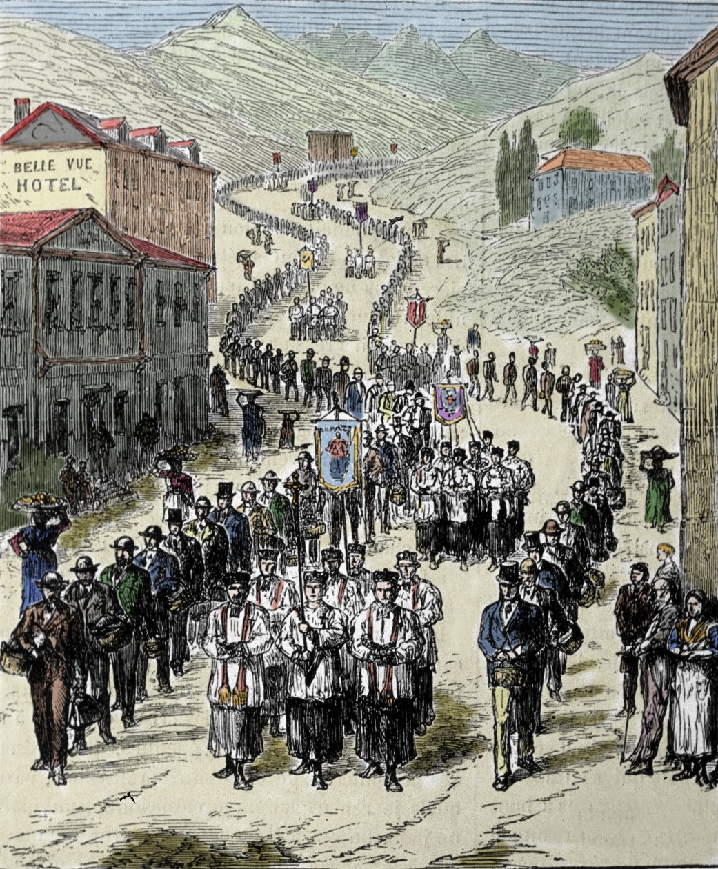 从车站到高比利牛斯山卢尔德洞的游行队伍，1858年圣母在此向贝尔纳黛特-苏比鲁（1844-1879）显现，现在是朝圣地。19世纪的雕版画 作者 未知艺术家
