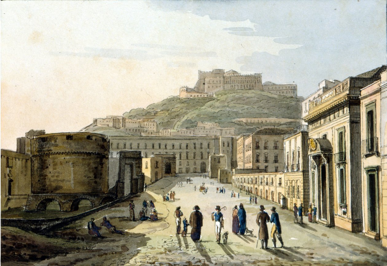 俯瞰着那不勒斯市的 strada del molo 和 Castel Sant